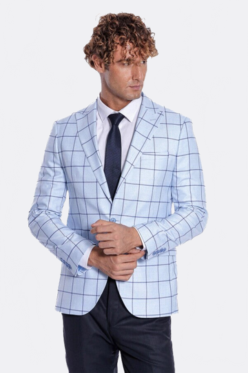 Men’s Ice Blue Windowpane Check Slim Fit Notch Lapel Sport Blazer