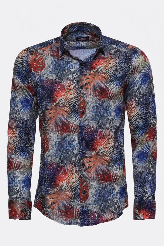 Men's Navy Blue Slim Fit Red Leaf Print Shirt | Wessi