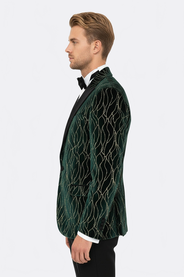 Men’s Emerald Green Velvet Gold-Vein Jacquard Slim Fit Peak Lapel Dinner Jacket