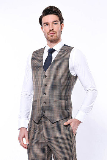 Brown Slim Fit Plaid V-Neck Waistcoat – Wessi