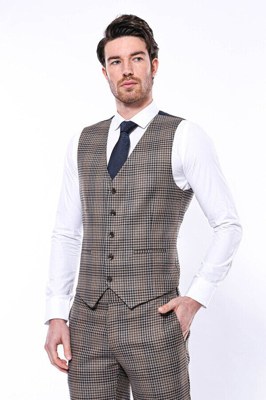 Brown Slim Fit Plaid V-Neck Waistcoat – Wessi