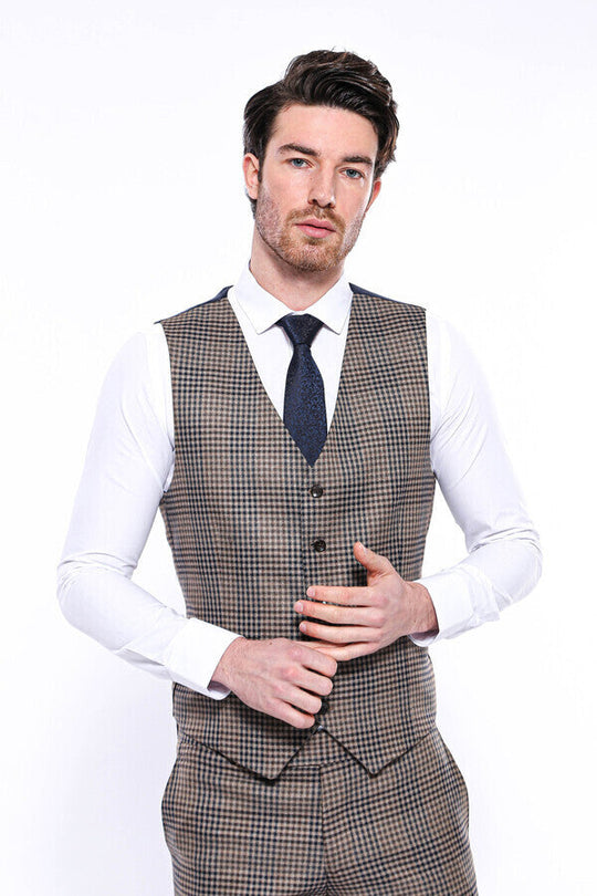 Brown Slim Fit Plaid V-Neck Waistcoat – Wessi