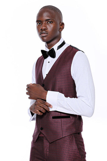 Men's Deep Burgundy Micro-Patterned 3-Piece Slim Fit Tuxedo with Velvet Lapel