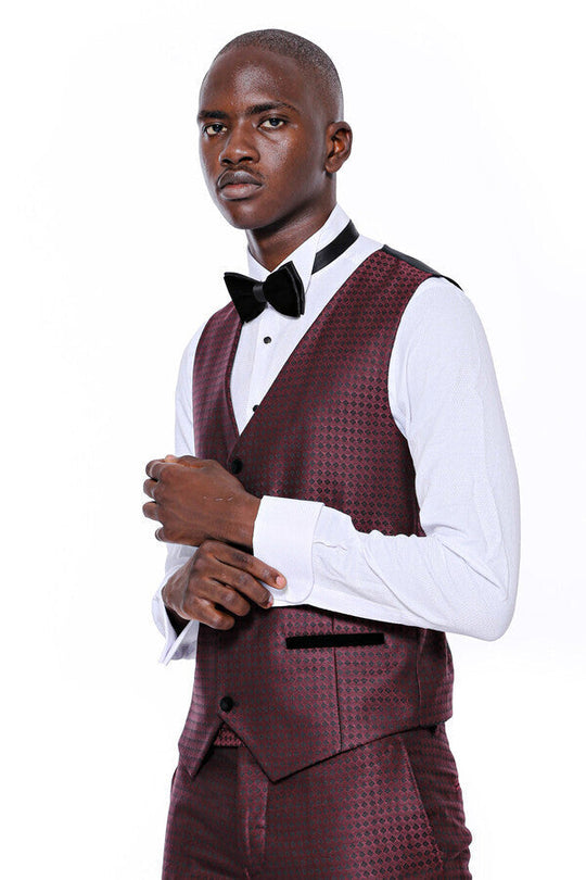 Men's Deep Burgundy Micro-Patterned 3-Piece Slim Fit Tuxedo with Velvet Lapel
