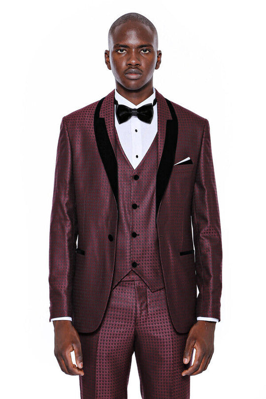 Men's Deep Burgundy Micro-Patterned 3-Piece Slim Fit Tuxedo with Velvet Lapel