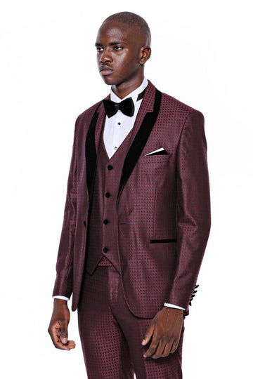 Men's Deep Burgundy Micro-Patterned 3-Piece Slim Fit Tuxedo with Velvet Lapel