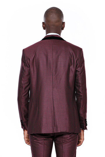 Men's Deep Burgundy Micro-Patterned 3-Piece Slim Fit Tuxedo with Velvet Lapel