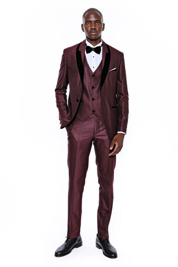 Men's Deep Burgundy Micro-Patterned 3-Piece Slim Fit Tuxedo with Velvet Lapel