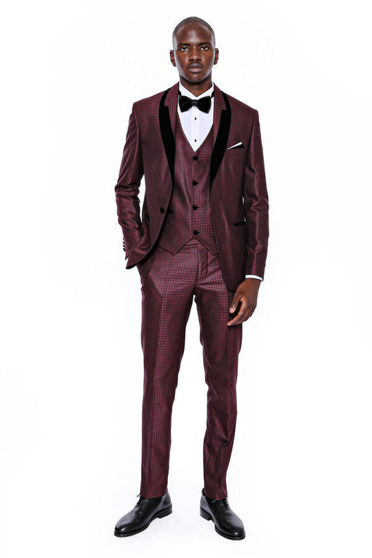 Men's Deep Burgundy Micro-Patterned 3-Piece Slim Fit Tuxedo with Velvet Lapel
