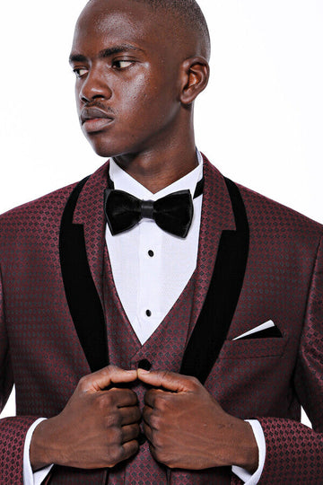Men's Deep Burgundy Micro-Patterned 3-Piece Slim Fit Tuxedo with Velvet Lapel