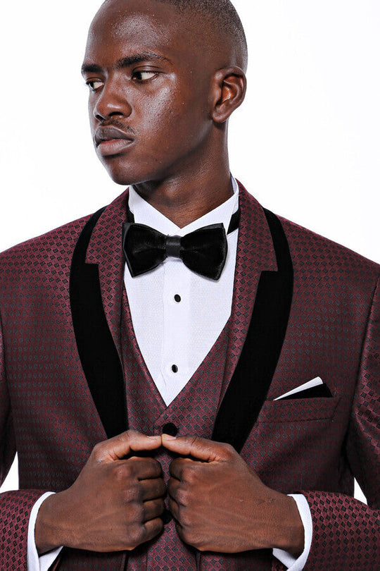 Men's Deep Burgundy Micro-Patterned 3-Piece Slim Fit Tuxedo with Velvet Lapel