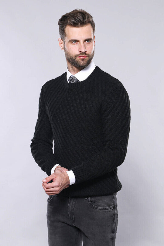 Black Slim Fit Patterned Crew Neck Sweater – Wessi