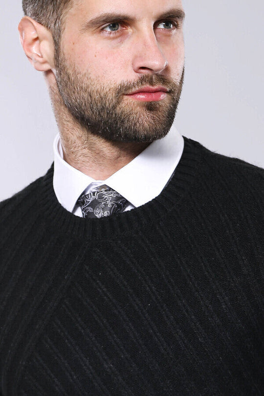 Black Slim Fit Patterned Crew Neck Sweater – Wessi