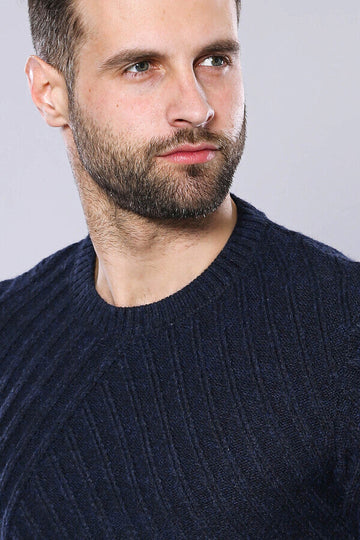 Navy Blue Slim Fit Patterned Crew Neck Sweater – Wessi
