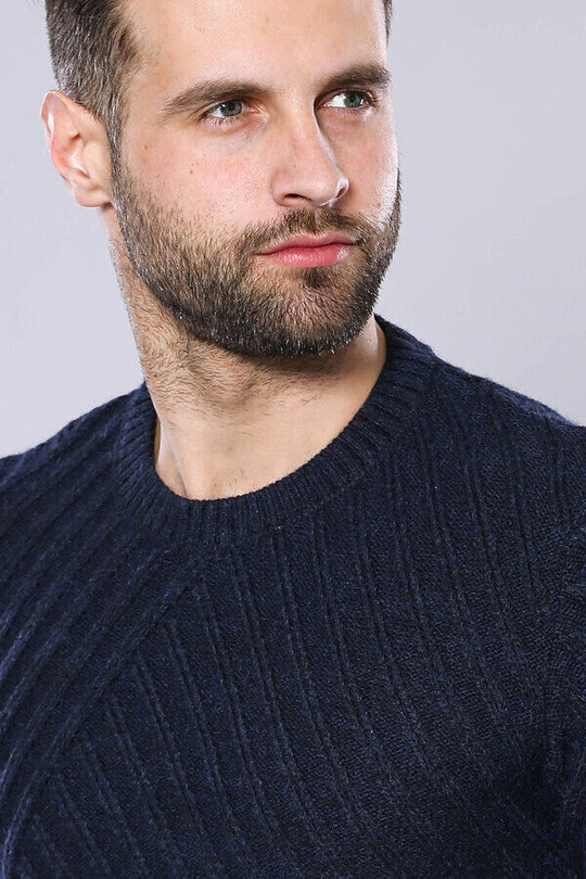 Navy Blue Slim Fit Patterned Crew Neck Sweater – Wessi