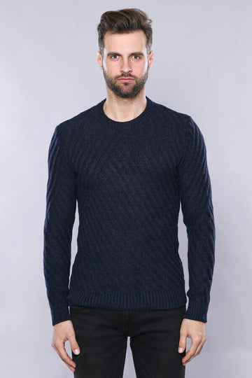 Navy Blue Slim Fit Patterned Crew Neck Sweater – Wessi