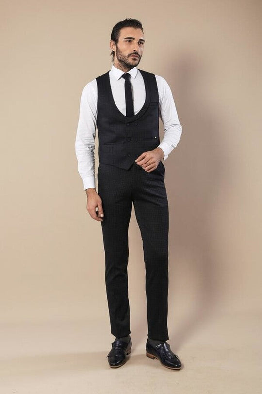 Navy Blue Slim Fit Patterned Double-Breasted Waistcoat & Trousers Set – Wessi