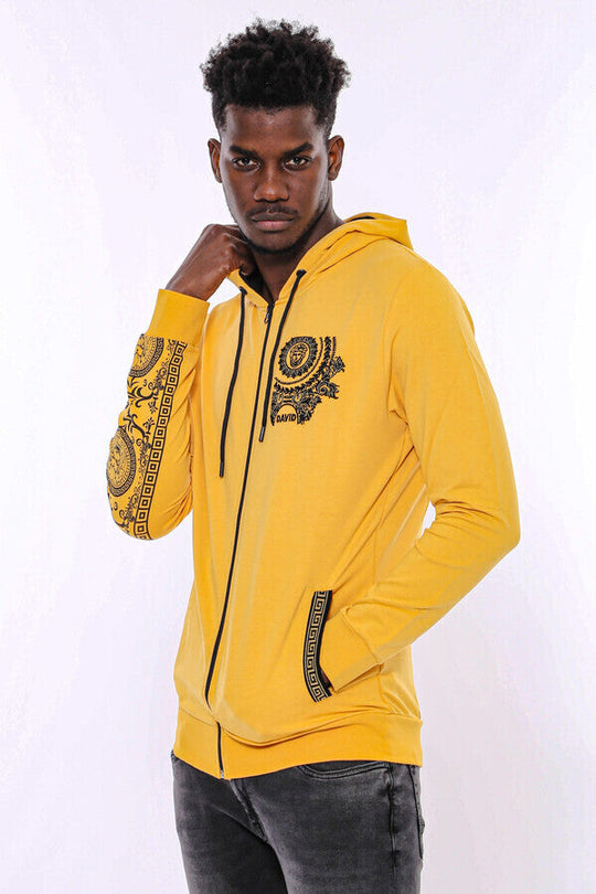 Yellow Slim Fit Zip-Up Hooded Patterned Sweatshirt | Wessi