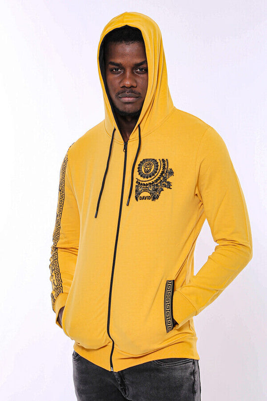 Yellow Slim Fit Zip-Up Hooded Patterned Sweatshirt | Wessi