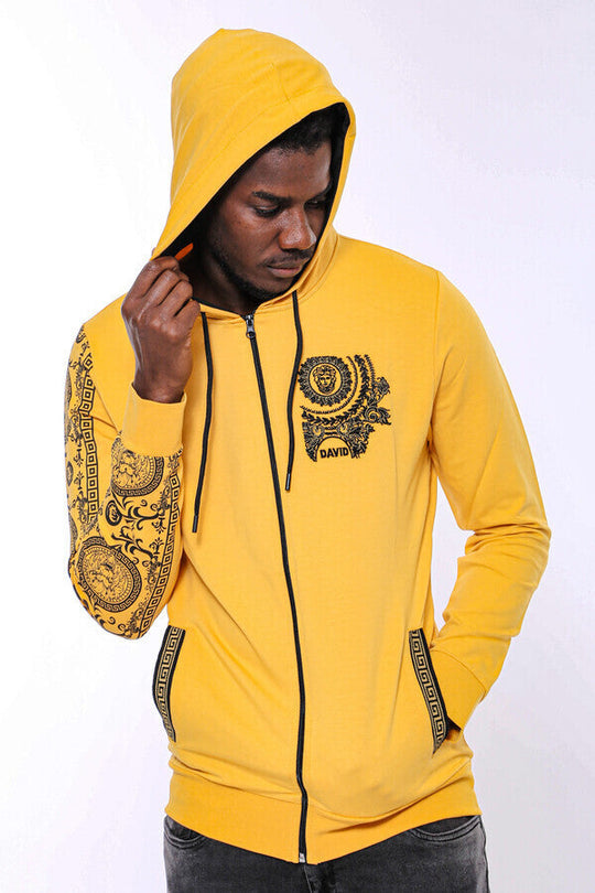 Yellow Slim Fit Zip-Up Hooded Patterned Sweatshirt | Wessi