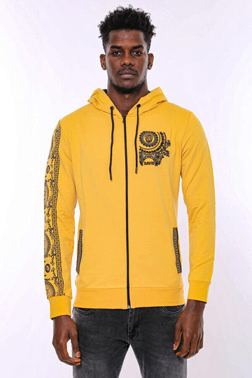 Yellow Slim Fit Zip-Up Hooded Patterned Sweatshirt | Wessi