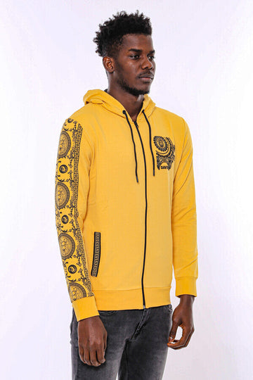 Yellow Slim Fit Zip-Up Hooded Patterned Sweatshirt | Wessi