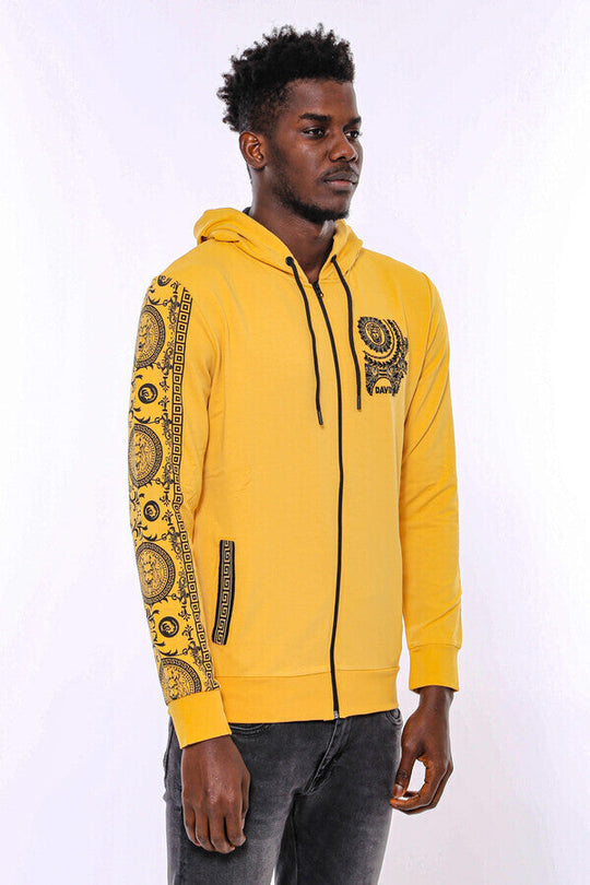 Yellow Slim Fit Zip-Up Hooded Patterned Sweatshirt | Wessi