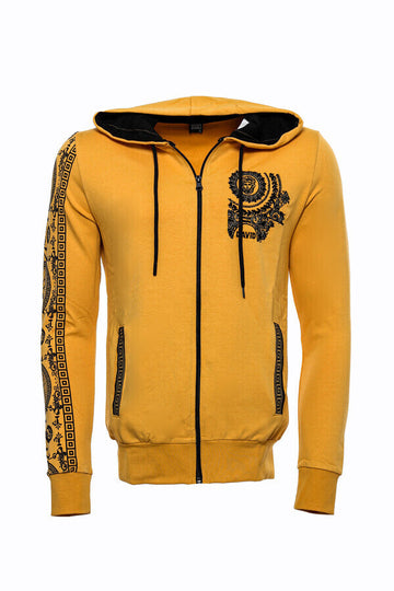 Yellow Slim Fit Zip-Up Hooded Patterned Sweatshirt | Wessi
