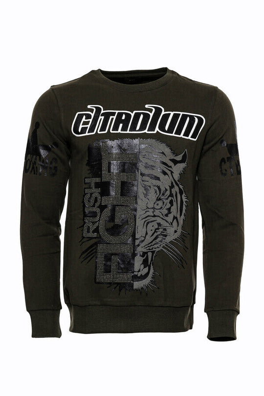 Dark Green Slim Fit Crew Neck Patterned Sweatshirt | Wessi