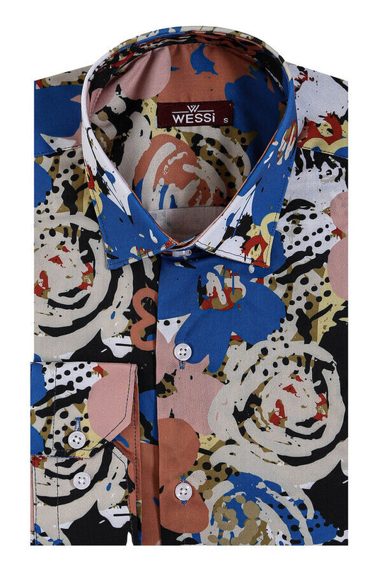 Men's Brown Slim Fit Floral Patterned Cotton Shirt | Wessi