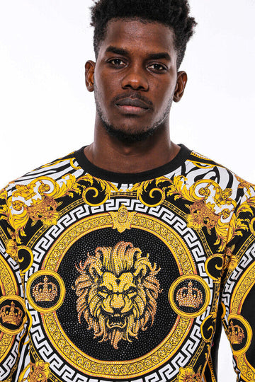 Black & Yellow Slim Fit Crew Neck Patterned Sweatshirt | Wessi