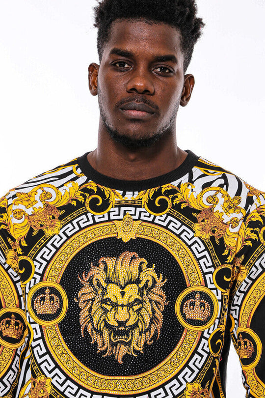 Black & Yellow Slim Fit Crew Neck Patterned Sweatshirt | Wessi