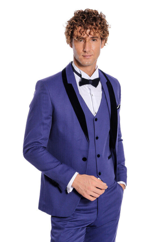 Men's Indigo Blue Micro-Patterned 3-Piece Slim Fit Tuxedo with Velvet Lapel