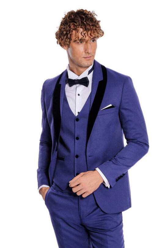 Men's Indigo Blue Micro-Patterned 3-Piece Slim Fit Tuxedo with Velvet Lapel