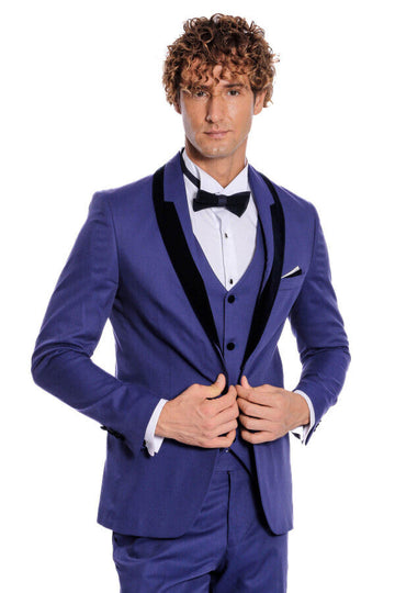 Men's Indigo Blue Micro-Patterned 3-Piece Slim Fit Tuxedo with Velvet Lapel