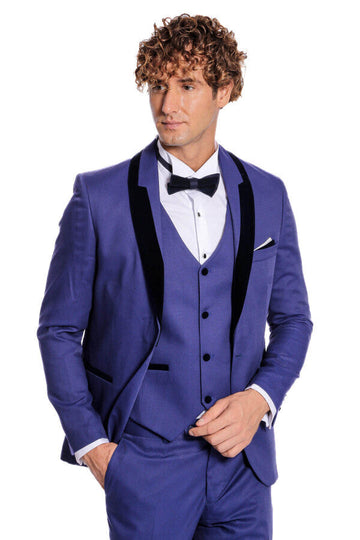 Men's Indigo Blue Micro-Patterned 3-Piece Slim Fit Tuxedo with Velvet Lapel