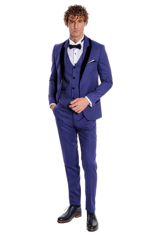 Men's Indigo Blue Micro-Patterned 3-Piece Slim Fit Tuxedo with Velvet Lapel