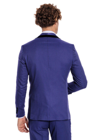 Men's Indigo Blue Micro-Patterned 3-Piece Slim Fit Tuxedo with Velvet Lapel