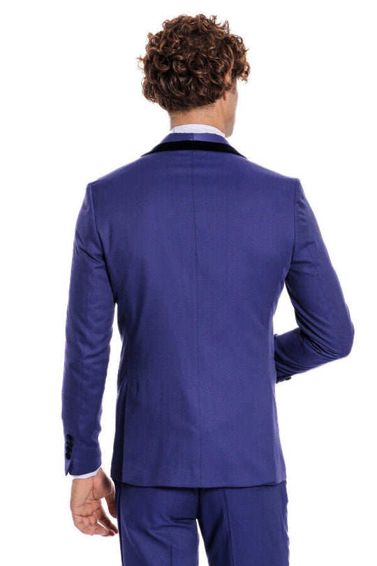 Men's Indigo Blue Micro-Patterned 3-Piece Slim Fit Tuxedo with Velvet Lapel