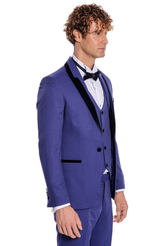 Men's Indigo Blue Micro-Patterned 3-Piece Slim Fit Tuxedo with Velvet Lapel
