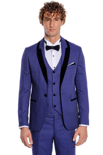 Men's Indigo Blue Micro-Patterned 3-Piece Slim Fit Tuxedo with Velvet Lapel