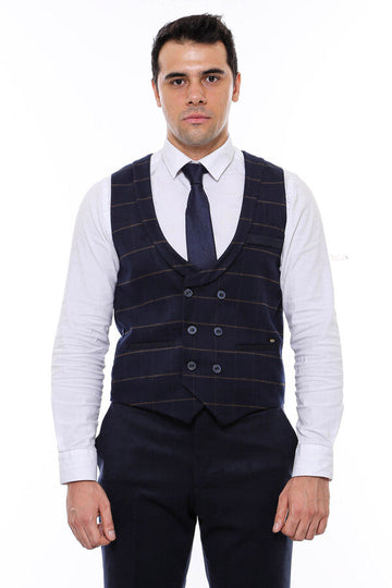 Dark Blue Plaid Double Breasted Collared Slim Fit Waistcoat – Wessi
