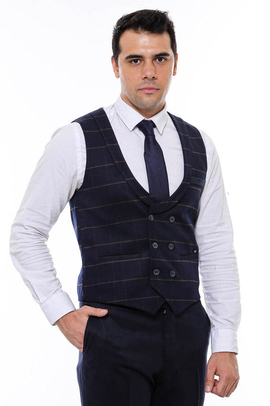 Dark Blue Plaid Double Breasted Collared Slim Fit Waistcoat – Wessi