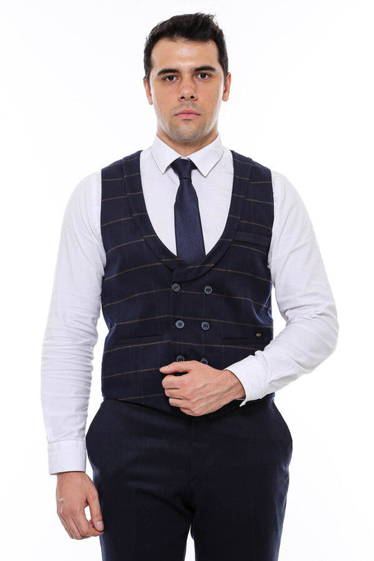 Dark Blue Plaid Double Breasted Collared Slim Fit Waistcoat – Wessi