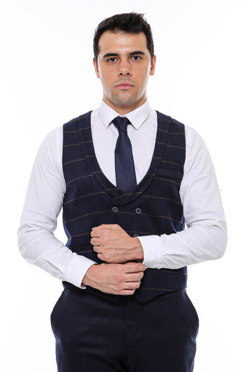 Dark Blue Plaid Double Breasted Collared Slim Fit Waistcoat – Wessi