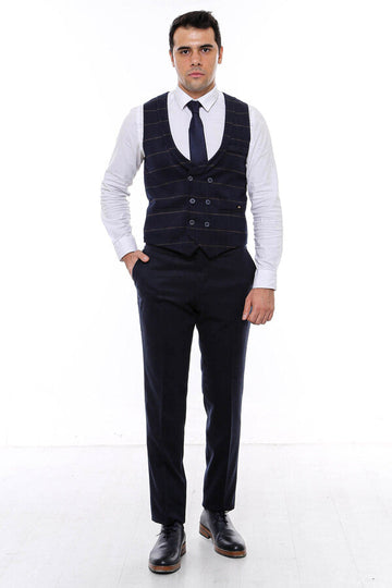 Dark Blue Plaid Double Breasted Collared Slim Fit Waistcoat – Wessi