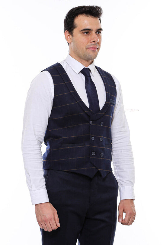 Dark Blue Plaid Double Breasted Collared Slim Fit Waistcoat – Wessi