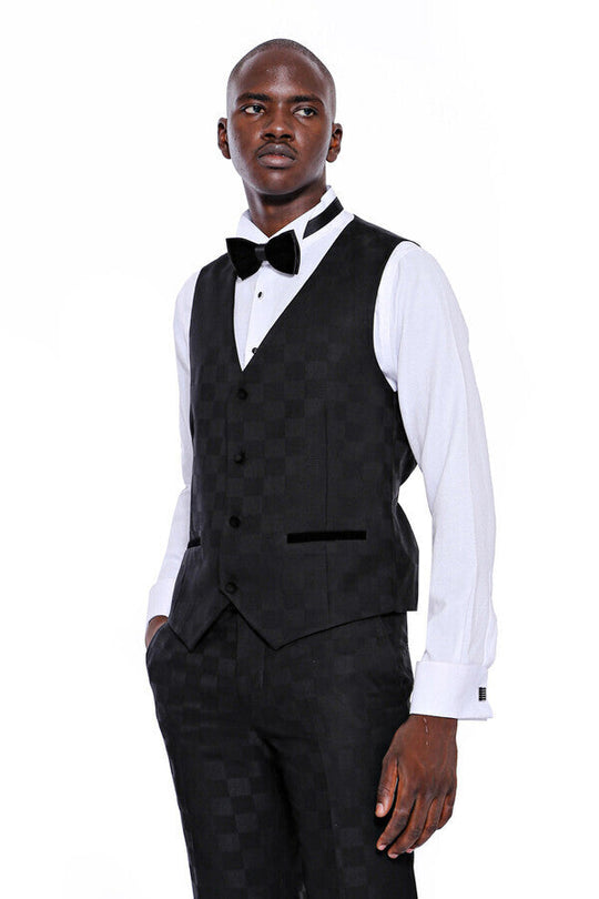 Black Slim Fit Plaid Shawl Lapel 3-Piece Tuxedo – Wessi