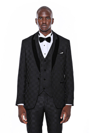 Black Slim Fit Plaid Shawl Lapel 3-Piece Tuxedo – Wessi