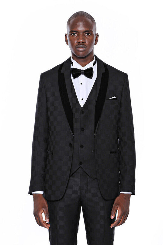 Black Slim Fit Plaid Shawl Lapel 3-Piece Tuxedo – Wessi